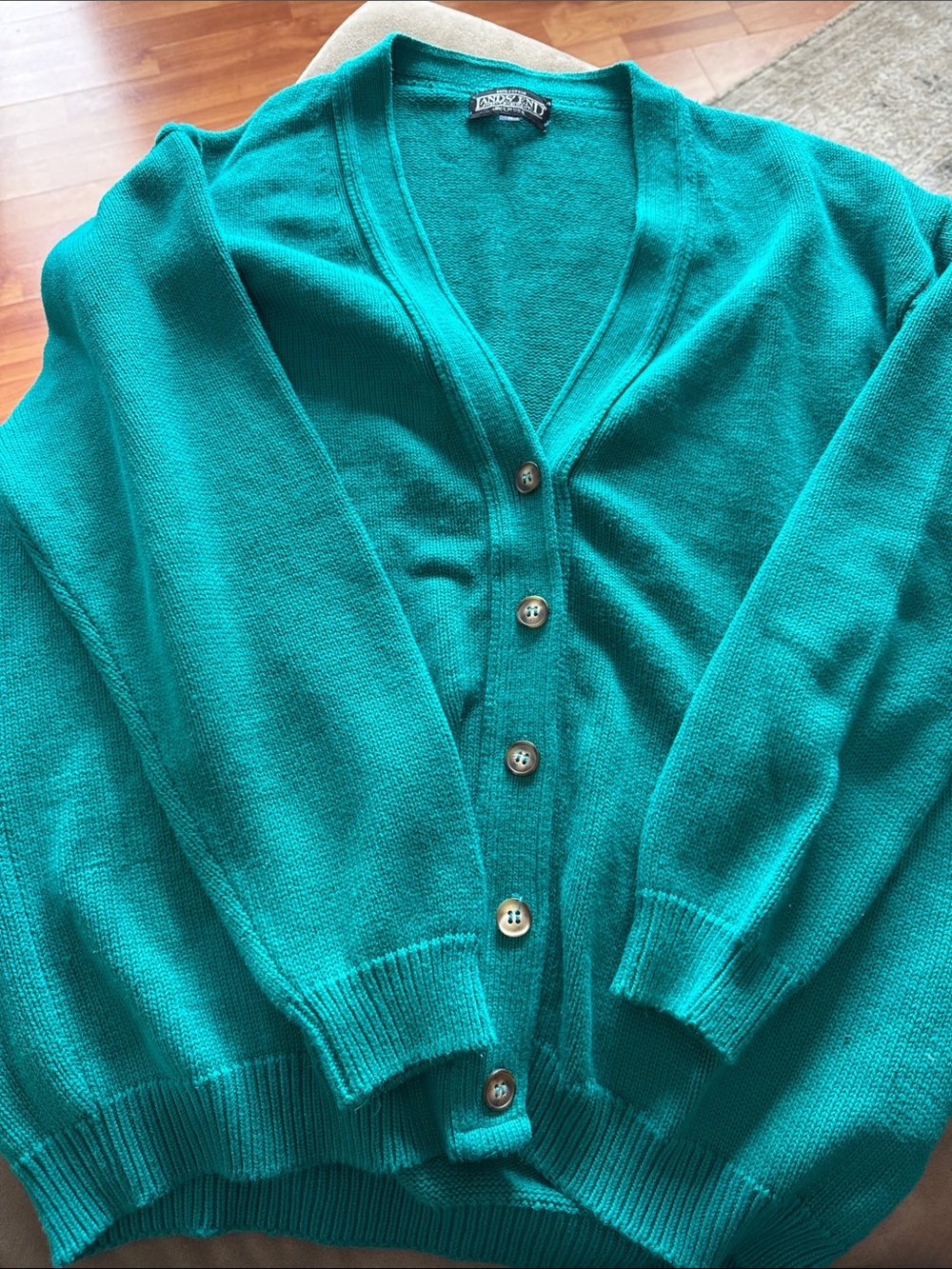 L.L. Bean Teal V-Neck Button-Front Cardigan